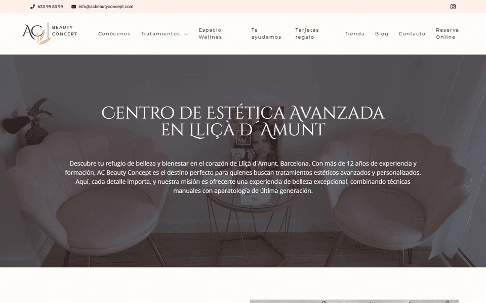 Página de inicio de AC Beauty Concept, centro de estética avanzada en Lliçà d'Amunt, con tienda online y reserva de citas.